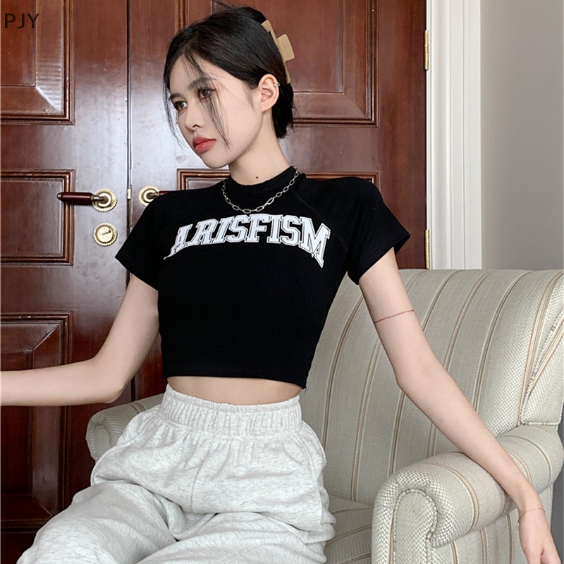 Áo Thun Crop Top Tay Ngắn Cổ Tròn In Chữ Phong Cách Retro Mỹ Thời Trang Mùa Hè Dành Cho Nữ PJ