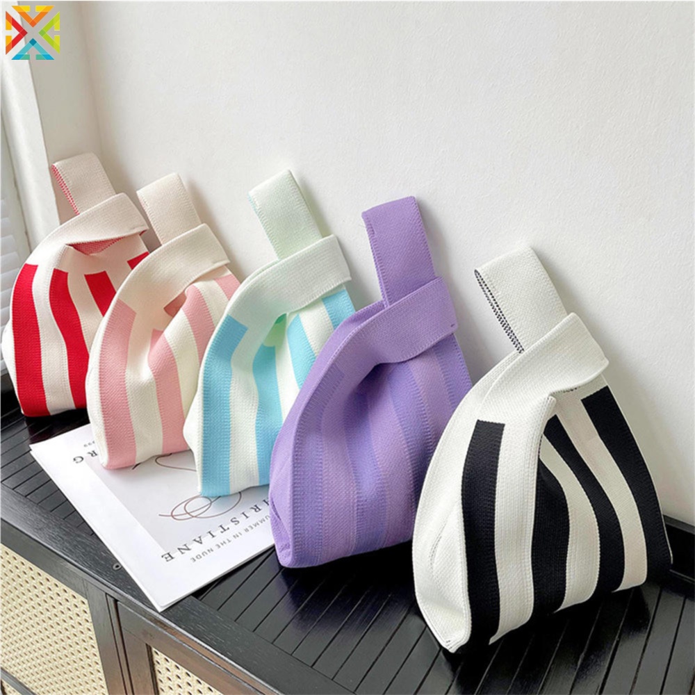 Túi Xách Đan Len Họa Tiết Kẻ Sọc Màu Sắc Tối Giản Thời Trang