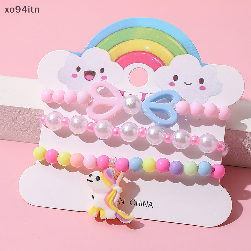 Set 3 Vòng Tay Hạt Xâu Chuỗi Hình Kỳ Lân Hoạt Hình Nhiều Màu Sắc Cho Bé