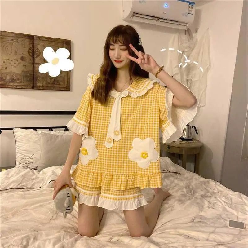 Bộ Đồ Ngủ Cổ Búp Bê Dễ Thương Thời Trang Mùa Hè Cho Bạn Gái