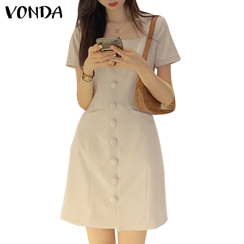 Đầm Tay Ngắn Cổ Vuông Cài Nút Phía Trước Phong Cách Hàn Quốc Thời Trang Cho Nữ