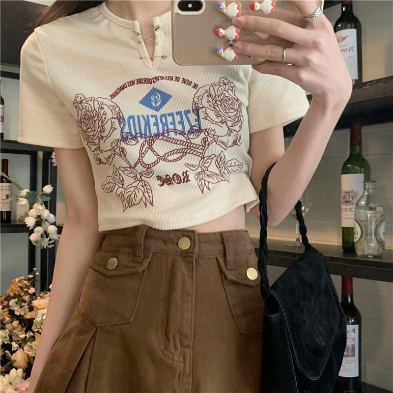 Áo Thun Ngắn Tay Cổ Chữ V Eo Cao In Họa Tiết Vintage Thời Trang Mùa Hè Cho Nữ