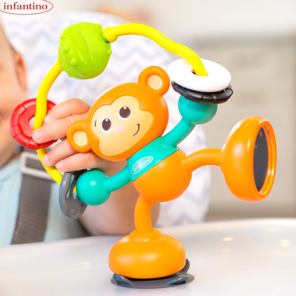 Đồ chơi hình khỉ cho bé INFANTINO Stick &amp; Spin High Chair Pal, đồ chơi có đế dính an toàn cho trẻ