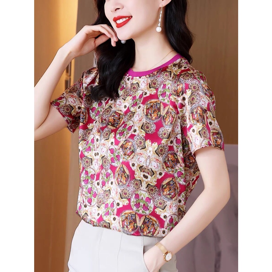 Áo Thun Tay Ngắn Cổ Tròn Hoạ Tiết Hoa Có Size Lớn