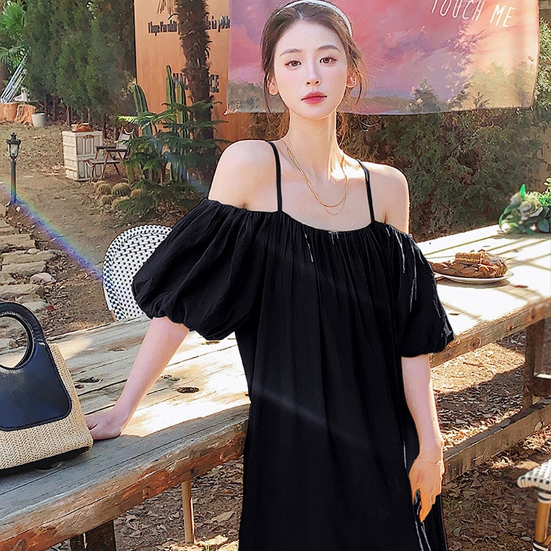 Đầm Dài Dáng Rộng Hở Vai Màu Sắc Trơn Thời Trang Dành Cho Nữ