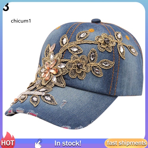 Mũ Lưỡi Trai Denim Thêu Hoa Đính Đá Thời Trang Cho Nữ