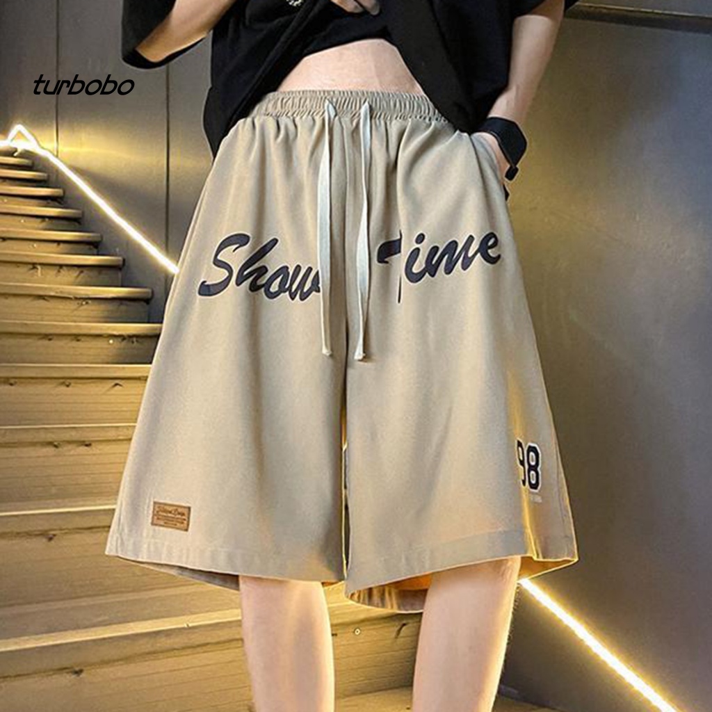 Turbobo Quần Short Thể Thao Lưng Thun Rút Dây Dài Đến Đầu Gối In Chữ Phong Cách Vintage Đường Phố Cho Nam