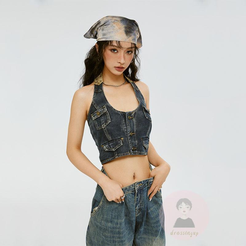Áo Denim Sát Nách Hở Lưng Cài Nút Phong Cách Retro Thời Trang Mùa Hè Cho Nữ