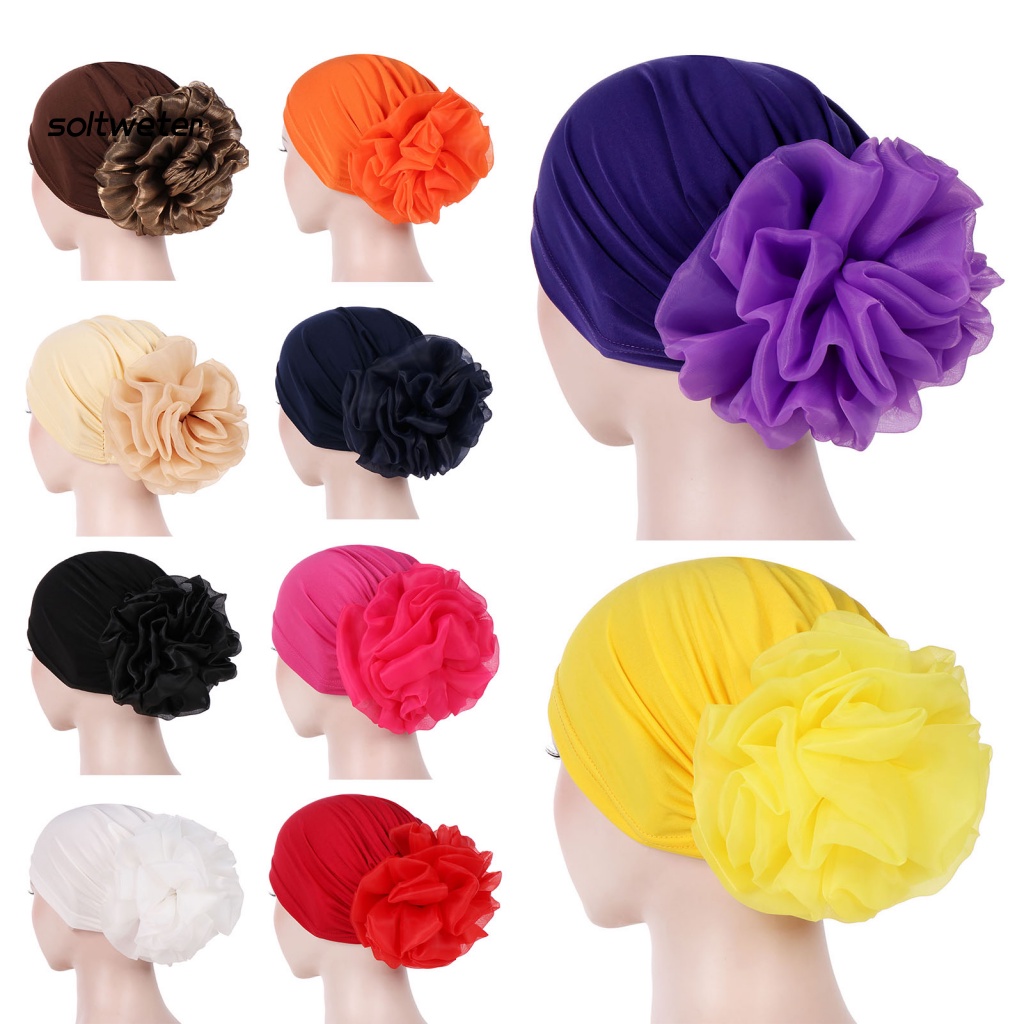 Mũ Trùm Đầu Bằng Vải Sợi Sữa Co Giãn Màu Trơn Đính Hoa Lớn Thanh Lịch