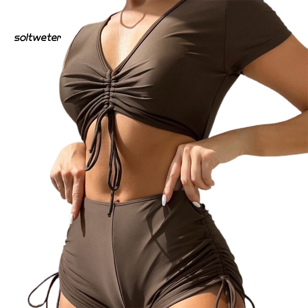 Bộ Đồ Bơi Bikini Hai Mảnh Cổ Chữ V Sâu Màu Sắc Trơn Dành Cho Nữ