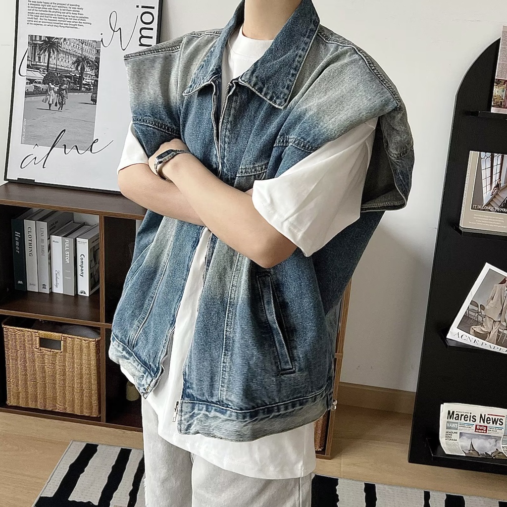 Áo Khoác Denim Sát Nách Phối Khóa Kéo Giả Nhiều Lớp Kiểu Đường Phố Cá Tính Cho Nam