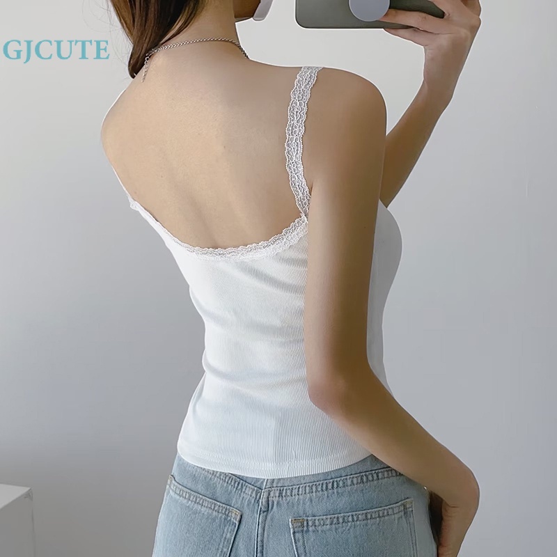 Áo Hai Dây Mỏng Mùa Hè Ghép Vải Ren Gợi Cảm Màu Trơn Cho Nữ WTD