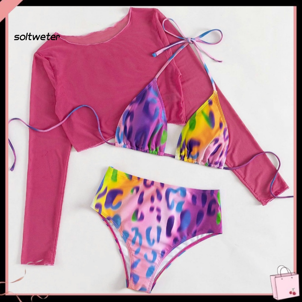 Bộ Đồ Bơi 3 Mảnh Gồm Áo Tay Dài Cổ Tròn Và Quần Lót Lưới Xuyên Thấu Chống Nắng In Họa Tiết Da Báo Cho Nữ
