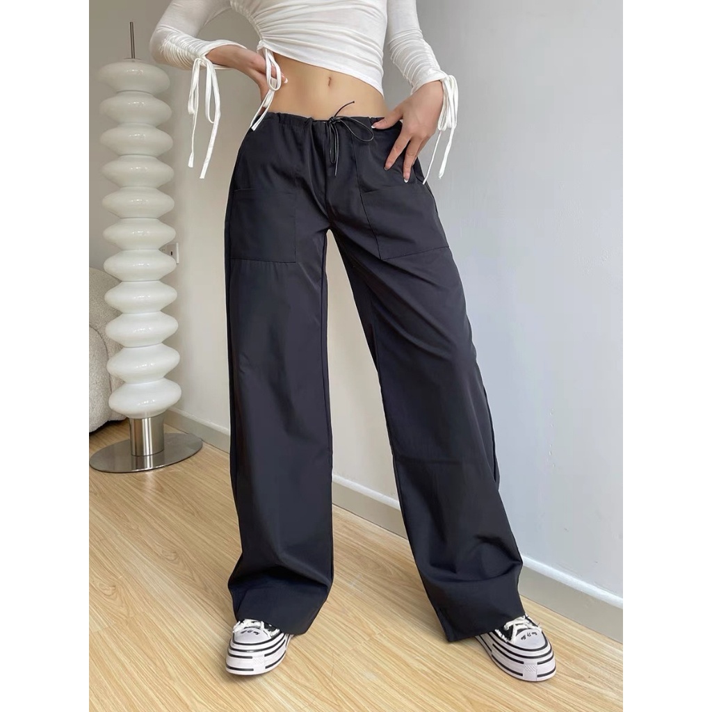 Quần Dài Ống Rộng Lưng Thấp Phối Dây Rút Phong Cách Cổ Điển Thời Trang Đường Phố Cho Nữ Y2K