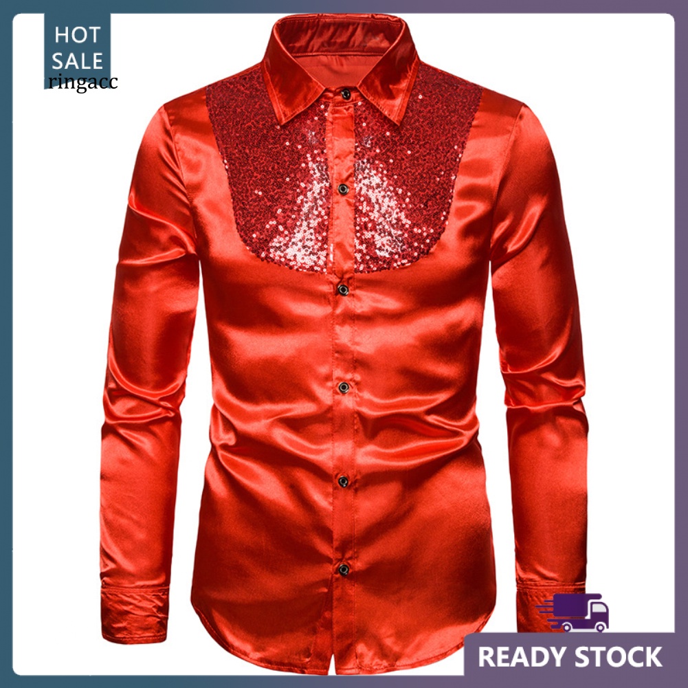 Rga Áo Sơ Mi Nam Dài Tay Màu Trơn Đính Kim Sa Lấp Lánh