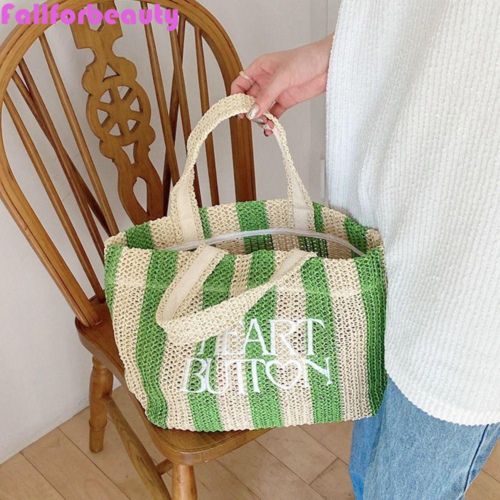 FALLFORBEAUTY Túi Đeo Vai Đan Mây Thủ Công Sức Chứa Lớn In Họa Tiết Sọc / Chữ Đơn Giản Cho Nữ