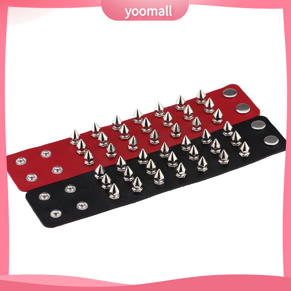 [YM] Vòng Tay Giả Da Đính Đinh Tán Mũi Nhọn Ba Đường Kẻ Bằng Thép Không Gỉ Punk