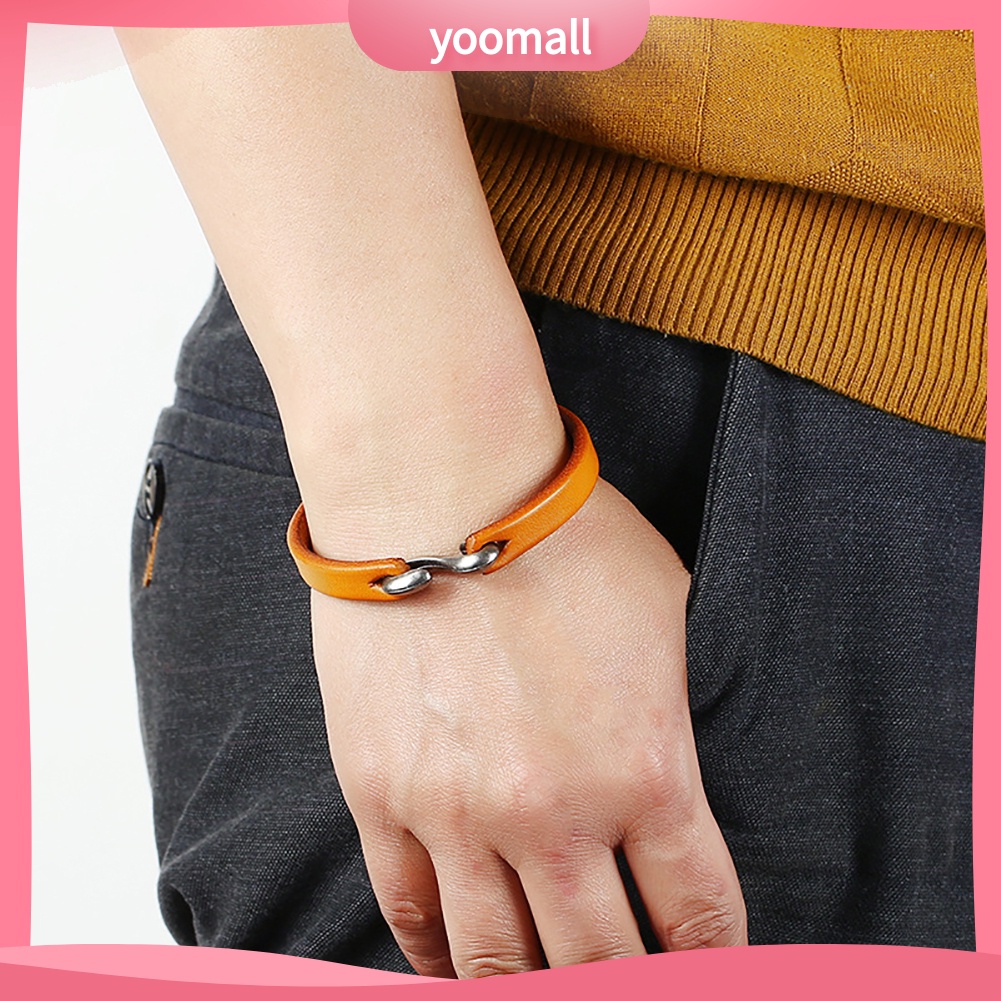 [YM] Vòng Tay Da Bò Mỏng Có Khóa Móc Phong Cách Punk Cổ Điển Cho Nam