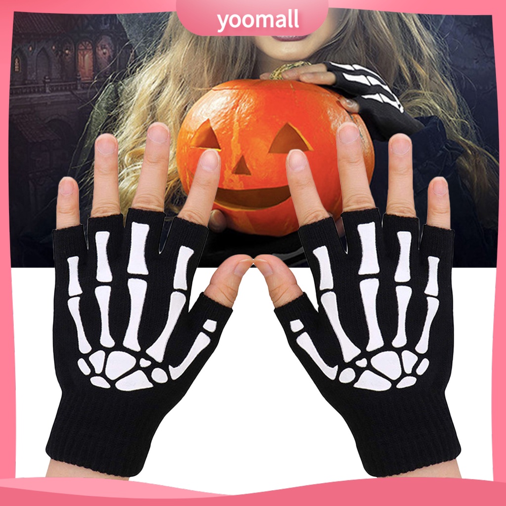1 Đôi Găng Tay Dệt Kim Hở Ngón Phát Sáng Trong Bóng Tối Hóa Trang Halloween Cho Người Lớn