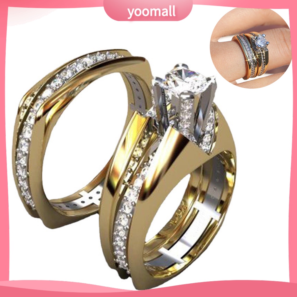 Set 2 Nhẫn Đính Hôn Đính Đá Zircon Hai Màu Sắc Lấp Lánh Dành Cho Nữ