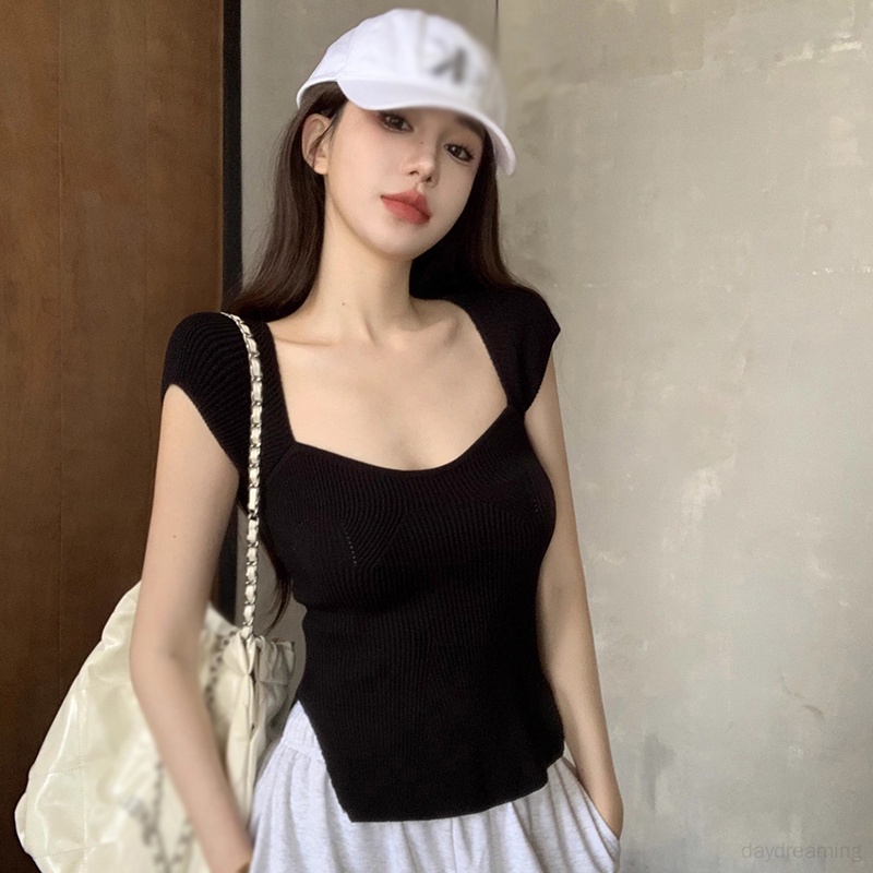 Áo Croptop Tay Ngắn Cổ Vuông Phong Cách Hàn Quốc Thời Trang Mùa Hè Cho Nữ
