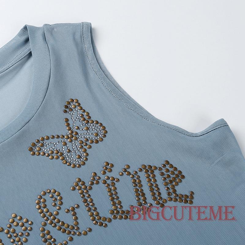 Áo Croptop Sát Nách In Chữ Đính Đá Phong Cách Đường Phố Thời Trang Mùa Hè Cho Nữ