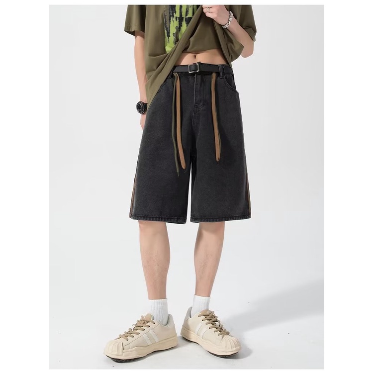 Quần Short Denim Mỏng Màu Đen Phong Cách Retro Mỹ Thời Trang Cao Cấp Cho Nam