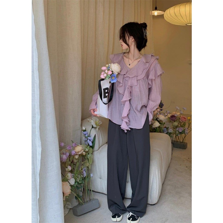 Áo Sơ Mi Chiffon Tay Dài Cổ Chữ v Phối Bèo Màu Tím Thời Trang Mùa Hè Cho Nữ L4EN