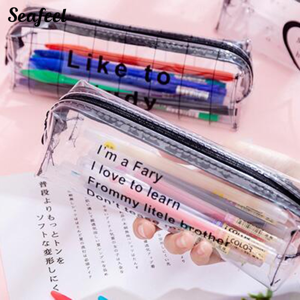 Túi Đựng Bút Trong Suốt In Chữ / Biển Dễ Thương Có Khóa Kéo Tiện Dụng