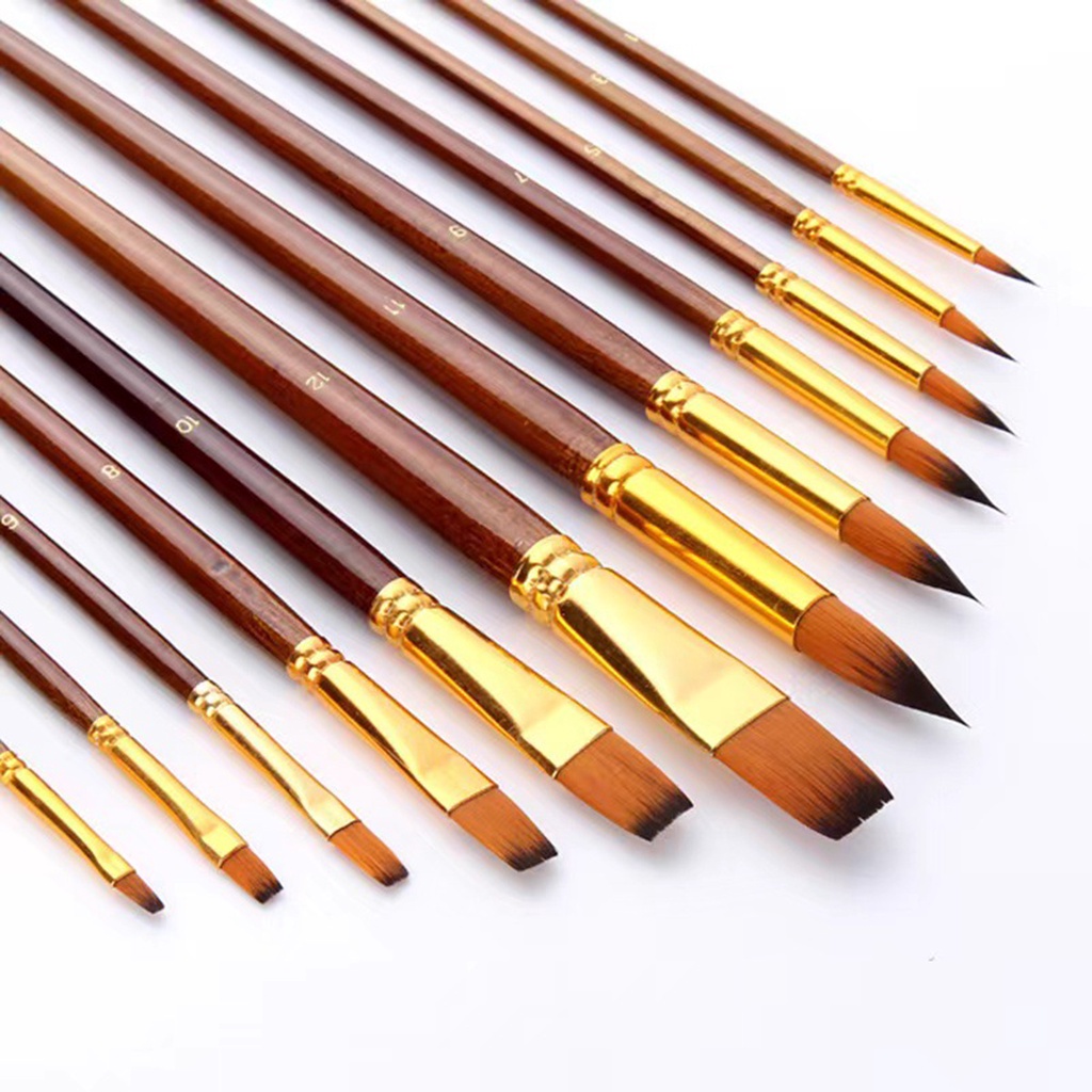 Set 12 Cọ Vẽ Màu Nước Sợi Nylon Tay Cầm Bằng Gỗ Tiện Dụng Cho Học Sinh