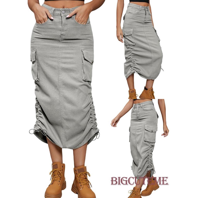 Chân Váy Denim Dài Lưng Cao Có Túi Thời Trang Đường Phố Cho Nữ