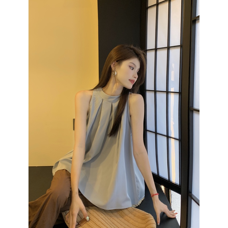 Áo Sơ Mi Không Tay Xếp Ly Đơn Giản Thời Trang Hàn Quốc