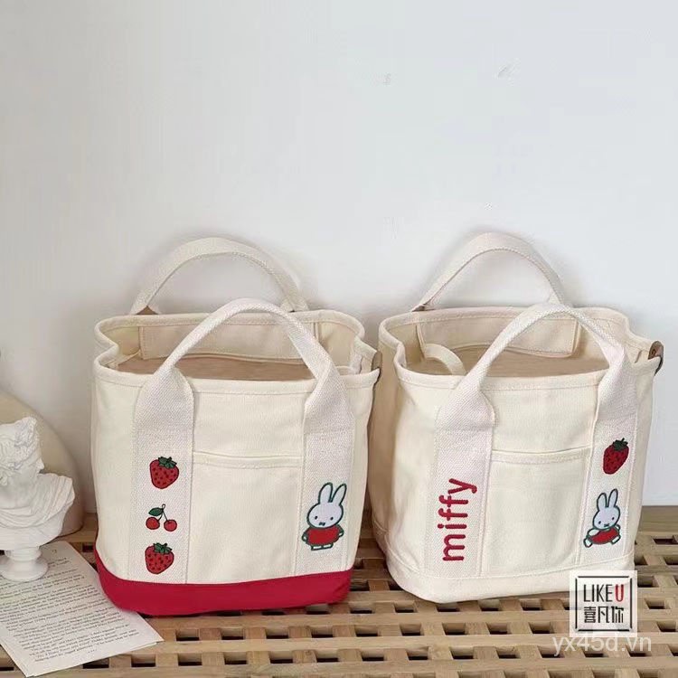 Túi Xách Canvas Thêu Hình Thỏ Dễ Thương Phong Cách Nhật Bản