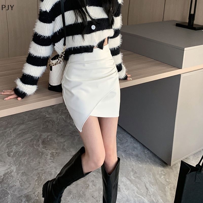 Pjy Chân Váy Ngắn Ôm Hông Bằng Da Thiết Kế Bất Đối Xứng Quyến Rũ PJ
