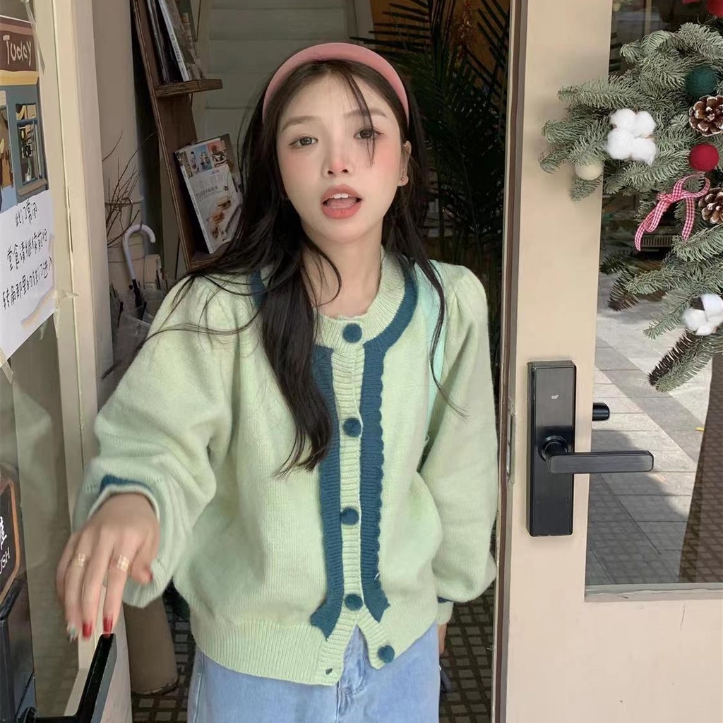 Áo Cardigan Dệt Kim Tay Phồng Cổ Chữ V Thiết Kế Mới Ngọt Ngào Thời Trang Cho Nữ