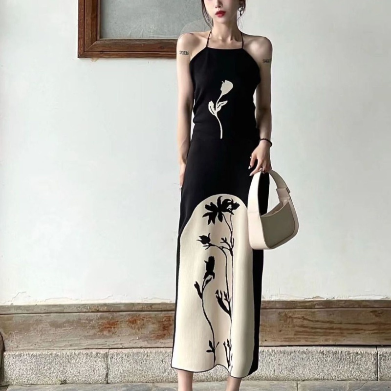 Đầm Dệt Kim Sát Nách In Họa Tiết Thời Trang Vintage Quyến Rũ Cho