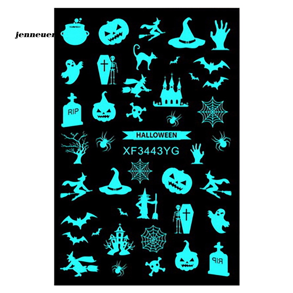 Set 12 Nhãn Dán Móng Tay Dạ Quang Tự Dính Họa Tiết Halloween Tinh Tế