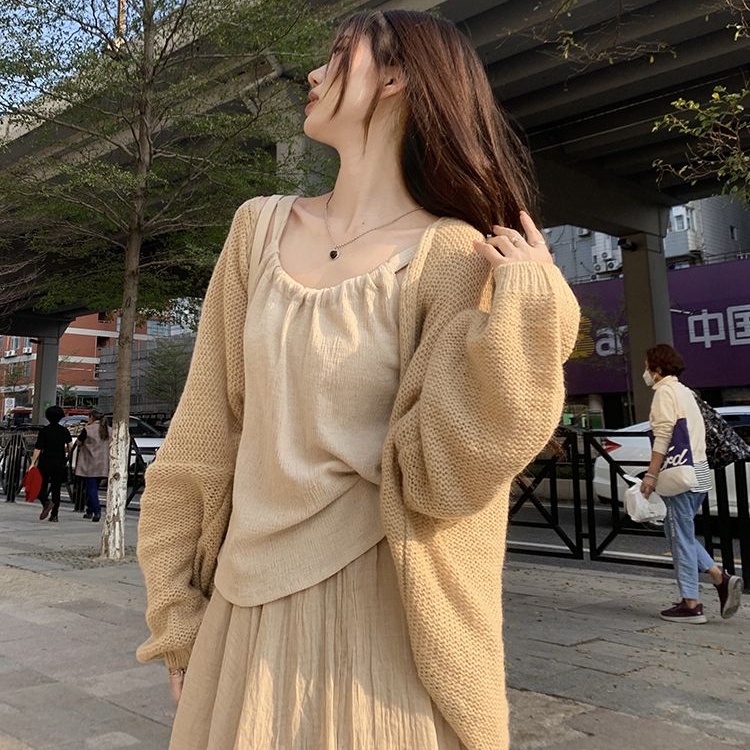 Set Áo Khoác Cardigan Dệt Kim + Áo Tank Top Hai Dây + Chân Váy Lửng Thời Trang Nữ