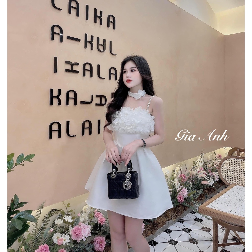 Đầm 2 dây đi tiệc dáng ngắn form xòe chất tafta cao cấp đệm vòng 1 và kết hoa kèm choker vòng cổ freesize A369 KimHoa77