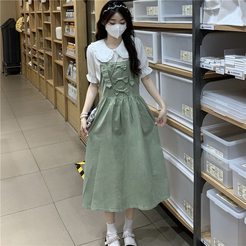 Thời trang đại học phong cách búp bê cổ áo sơ mi + dây treo ngọt ngào váy dài hai mảnh bộ phụ nữ