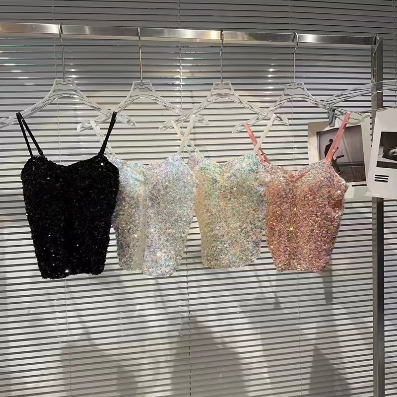 Áo Hai Dây Có Mút Ngực Dáng Dài Đính Kim Sa Lấp Lánh Phong Cách Mới Quyến Rũ Thoáng Khí Dành Cho Nữ