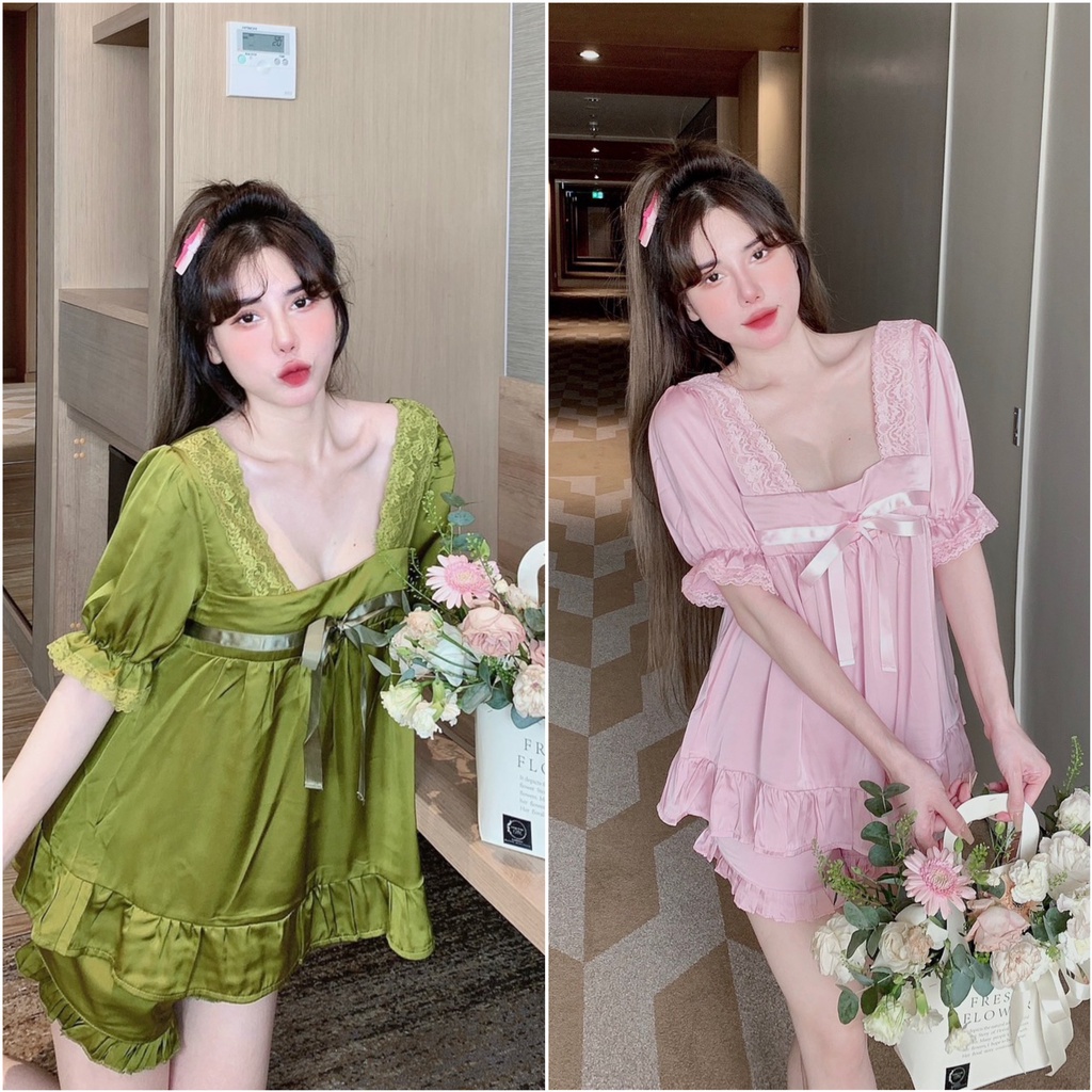 Đồ Ngủ Đồ Bộ Đùi Tay Ngắn Cổ U Phối Nơ Ruy Băng Chất Lụa Latin Mịn Mượt Freesize