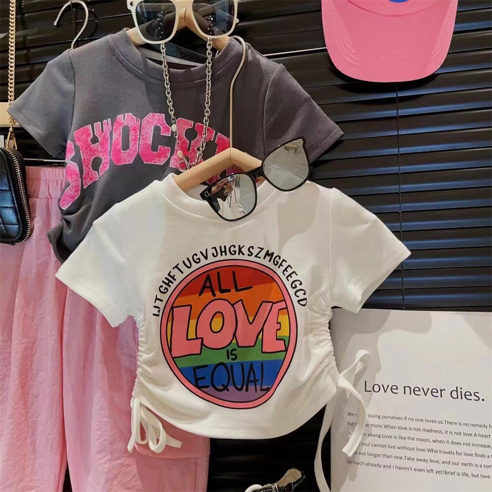 Áo Thun Cotton Trơn Tay Ngắn Phối Dây Rút Phong Cách Hàn Quốc Thời Trang Mùa Hè Cho Bé Gái