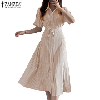ZANZEA Đầm Cotton Lanh Ngắn Tay Họa Tiết Sọc Ngang Thời Trang Hàn Quốc Cho Nữ