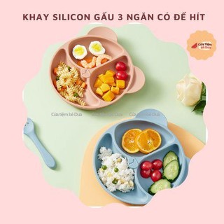( Mẫu mới) Khay ăn dặm silicon hình gấu 3 ngăn có đế hút chống đổ an toàn cho bé
