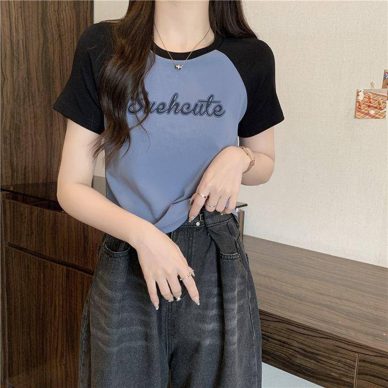 Áo Thun Raglan Tay Ngắn Dáng Ôm Màu Sắc Tương Phản Thời Trang Mùa Hè Cho Nữ