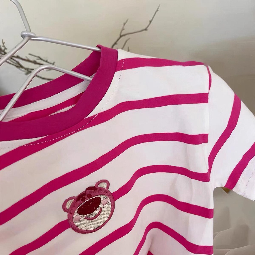 BABEPROUD  Áo Thun Ngắn Tay Kẻ Sọc In Hình Gấu Dâu Tây Thời Trang Mùa Hè Mới Cho Bé Gái 1-7 Tuổi