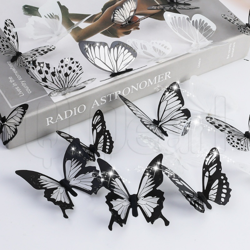 Set 12 / 18 Miếng Dán Tủ Lạnh / Cửa Sổ Hình Bướm 3D Màu Đen / Trắng Sống Động