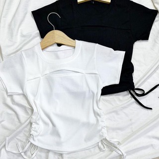 Áo thun gân nữ rút dây hở ngực, áo thun croptop nữ khoét ngực