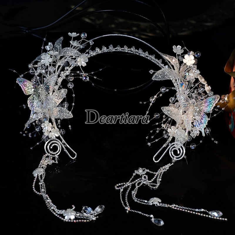 Vương Miện Cài Tóc Đính Pha Lê Hình Hoa & Bướm Handmade Cho Nữ